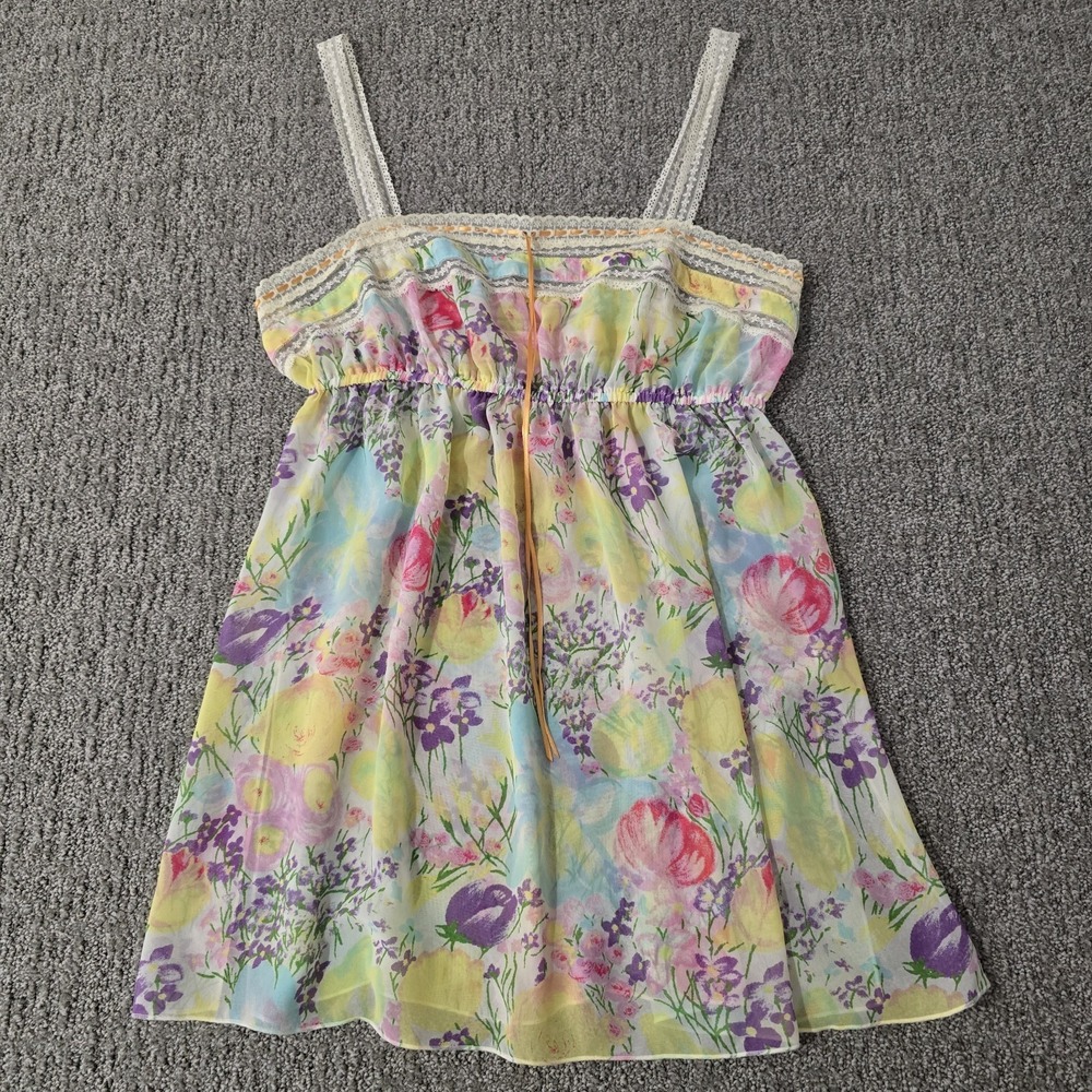 J Lo Sheer Mesh Babydoll Floral Ruffle Cami Top S Fairy Boho Coquette